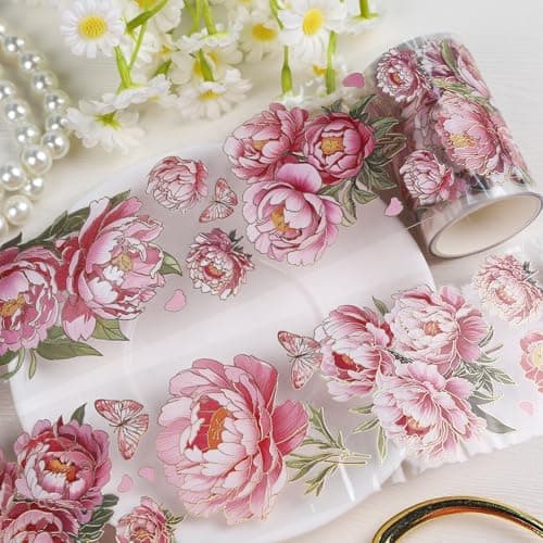 Sitsink PET Tapes Pink Flower Scrapbook Supplies Transparent Floral Tapes for Junk Journal Planner