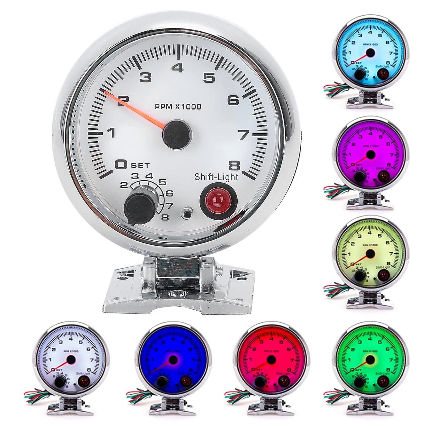Tacho Gauge, Tachometer Gauge 3.75in 0-8000 RPM with 7 Color Background Lights for 4/6/8 Cylinder 12V Gasoline Vehicles