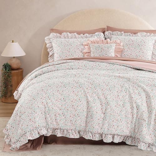 BLOOMHAVEN Twin XL Comforter Set - 5 Pieces Ruffle Pink Ditzy Bedding Sets, Shabby Chic Farmhouse Bed in a Bag Twin XL with Floral Comforter, Sheets, Pillowcase & Sham