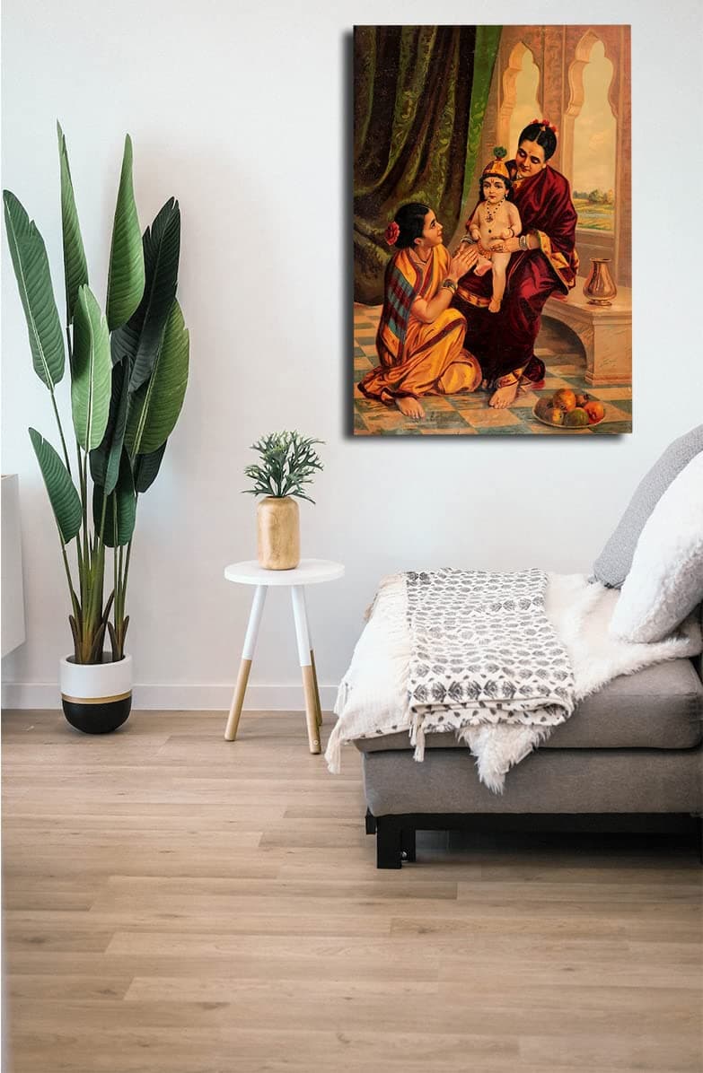SIKHASH Raja Ravi Varma Canvas Painting, Indian Art, Classic Art, Wall Art for Living Room, Unframed, Multicolor, 12x8 inches (30x20 cms, Yashoda Krishna)