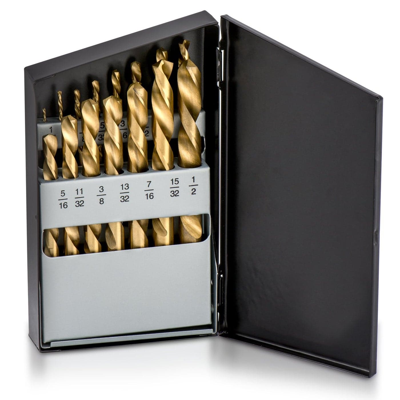 NEIKO 10037A LeftHand DrillBit Set HighSpeed Steel Drills with Titanium Nitride Coating ReverseTwist Drill Bits SAE Sizes 15Piece Set