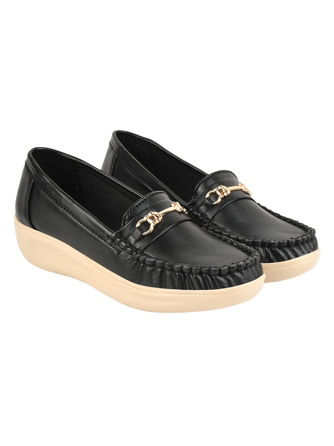 Shoetopia Upper Metalic Buckle Detailed Black Loafers for Women & Girls /UK4