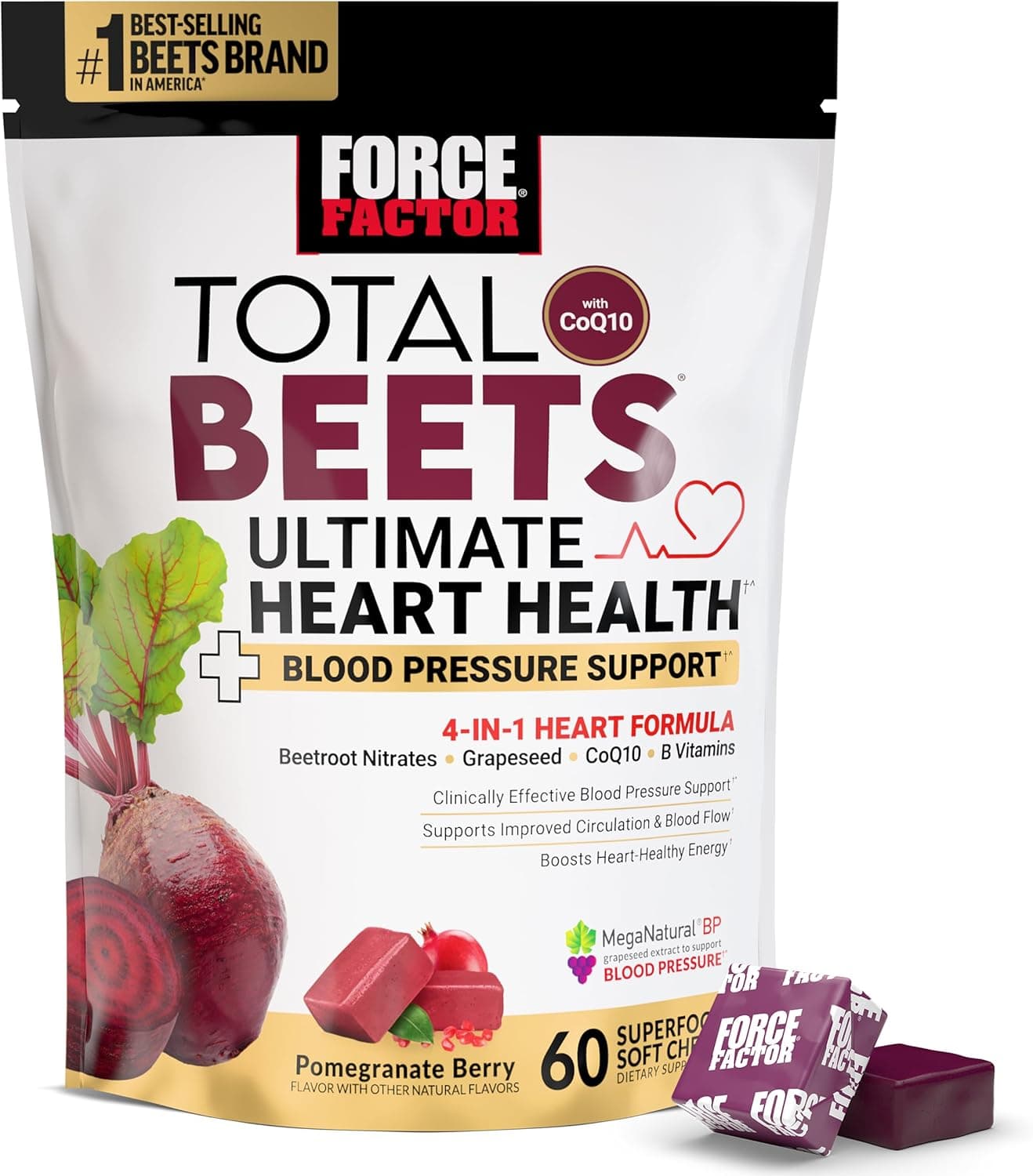 FORCE FACTOR Total Beets Ultimate Heart Health Chews for Blood Pressure Support with Beetroot Powder CoQ10 B Vitamins Grapeseed Extract for Blood Flow Energy Pomegranate Berry 60 Soft Chews