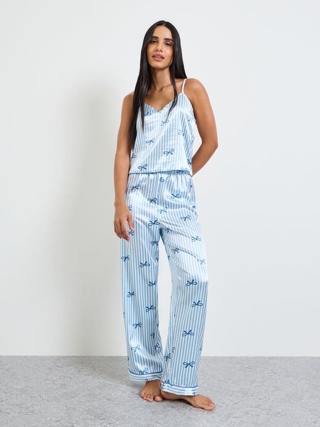 Blue Bow Striped Print Satin Cami and Pyjama Set