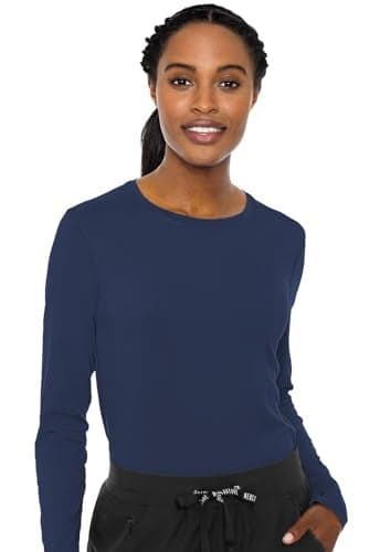 Med Couture Women's Underscrub Top Long Sleeve Performance Knit Tee, 360° Stretch, Lightweight & Ultra Soft Fabric - MC8499, XL, Navy