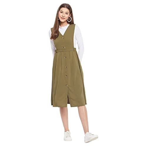 WineRed Women Soild Pinafore Midi Dress With Button Green