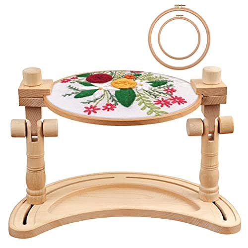 ZOCONE Multifunctional Beech Wood Embroidery Hoop Stand with 2 Pcs 6'' 8'' Embroidery Hoops, Adjustable Rotated Embroidery Stand Cross Stitch Stand, Embroidery Hoop Holder for Embroidery Project (D)