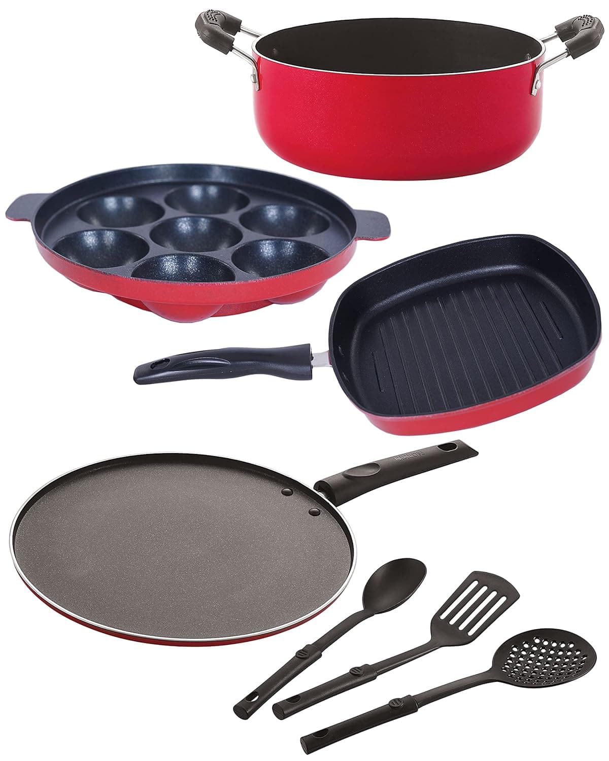 Nirlon Nonstick Coated Aluminium 7 Pcs Set of Appam-7 Cavity,Grill Pan-22.5cm,Casserole-22cm,Smart Tawa-26.5cm & 3 Spoon (2.6mm_AP(7)_GP(22.5)_Cass22_ST11_3SPN)