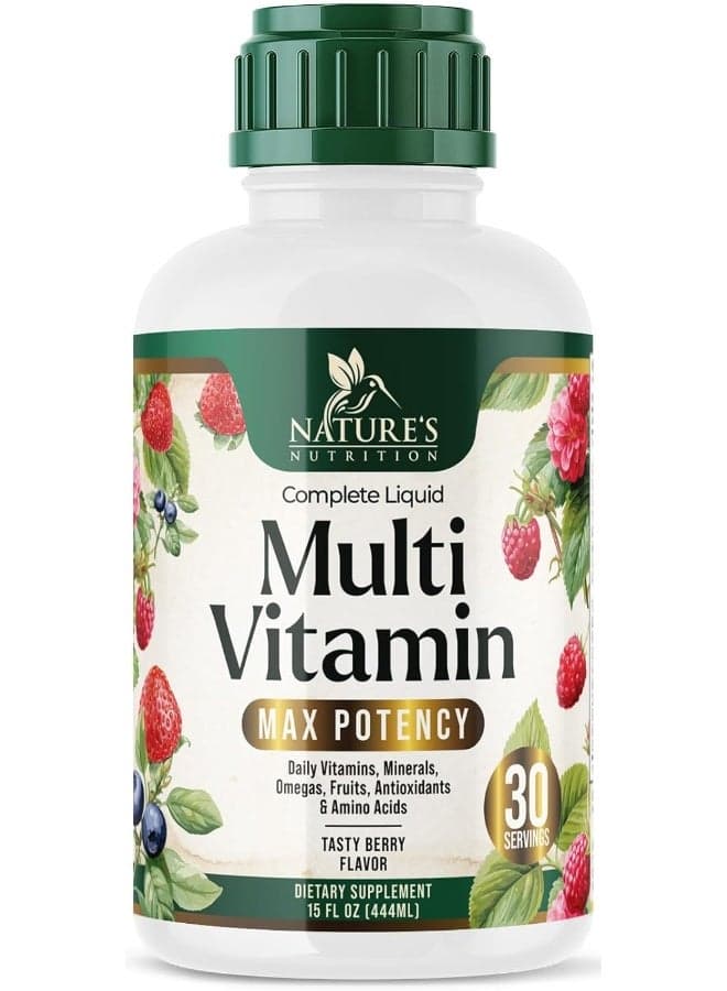 Liquid Multivitamin, Sugar Free Multi Vitamin For Women Men & Kids, Vitamins A, C, D, B-12, Biotin & Zinc For Beauty, Skin Care, Thicker Hair Growth & Wrinkles, Non-Gmo, Vegan, Berry Flavor, 15 Fl Oz