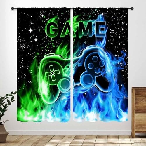 Gamer Curtains for Boys Room,Blue Flame Video Gamer for Boys Kids Teen Bedroom Window Treatment,Outer Space Gaming Game Controller Nursery Living Room Drapes 2 Panel Sets,42X45 Inch