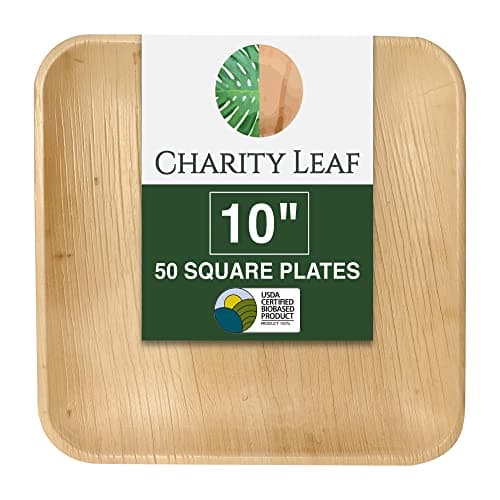 Charity Leaf Compostable 10" Square Palm Leaf Dinner Plates (50-pack) | Premium, 100% Natural, Disposable, Heavy Duty | Perfect for Parties, Weddings & Catering Events