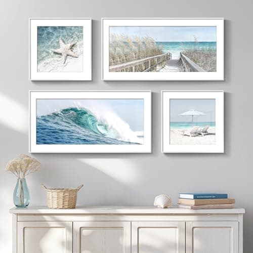 Framed Coastal Wall Art for Living Room, 4 Piece Beach Surf Ocean Artwork for Walls, Large Starfish Reed Seascape Pictures Prints, Beach Coastal Summer Wall Decor for Bedroom Bathroom, Overall 36"x24"