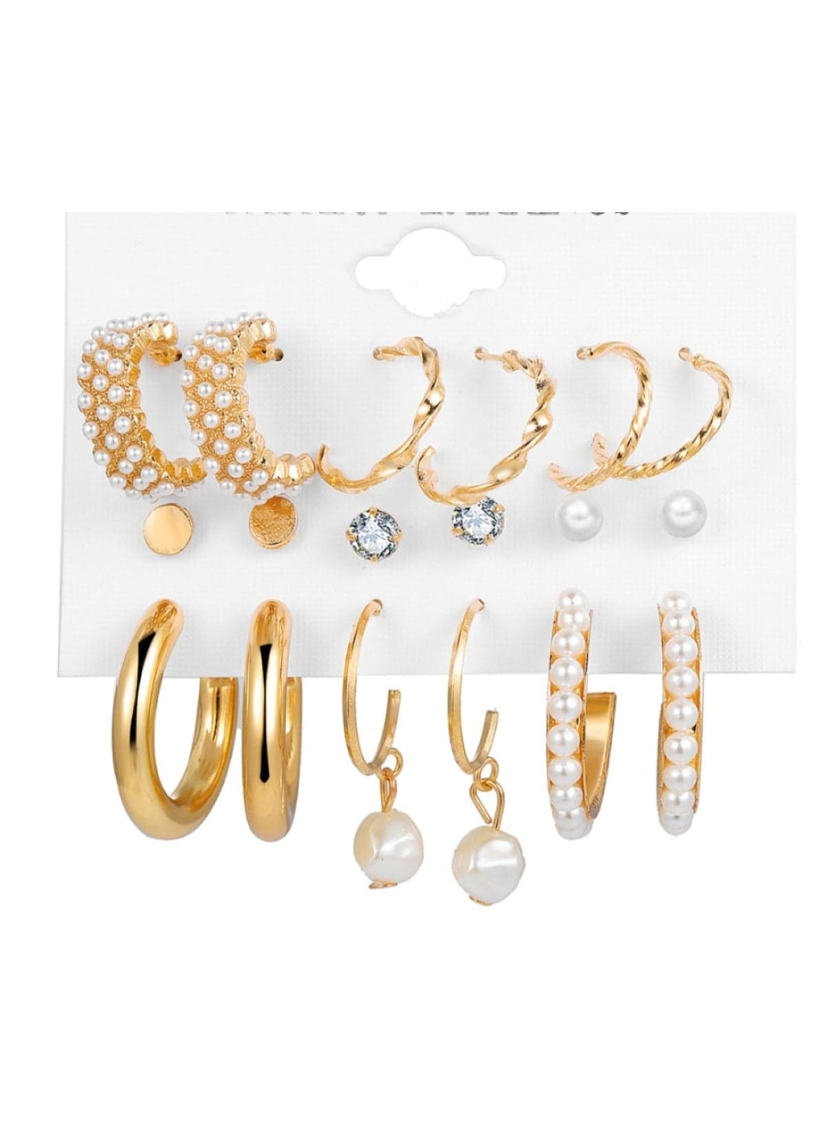 9-Pair Gold Pearl & Crystal Earring Set – Alloy Material (Size: 0.6cm–3.5cm)