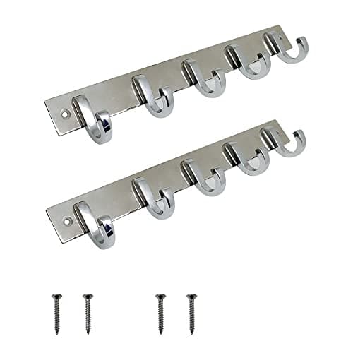 VOLO Premium 5 Pin Chrome/Glossy Cloth Hanger, Wall Door Hooks Rail for Hanging Clothes, Bathroom Towel Hook Set. (Pack of 2 pcs)