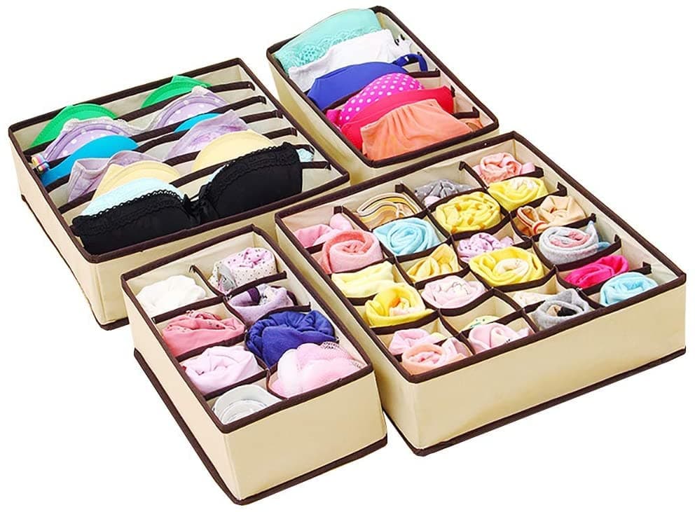 BROGBUS Foldable Storage Box for Wardrobe Undergarments Innerwear Cupboard Organizer Closet Drawer Divider Box for Socks Bra and Panty Tie Scarfs Set of 4 Cream