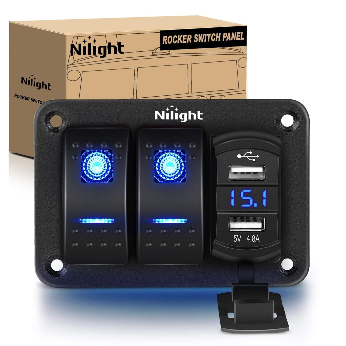 Nilight 90116C 2 Gang Rocker Switch Panel with 48 Amp Dual USB Charger Voltmeter Waterproof 12V24V DC Rocker Switch with Night Glow Stickers for CarsTrucks Boats RVsBlue