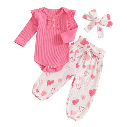 Rtnnsbbfcm Newborn Baby Girl Valentine's Day Outfit Long Sleeve Ribbed Romper Heart Print Pants Headband 3Pcs Set (Pink, 12-18 Months)