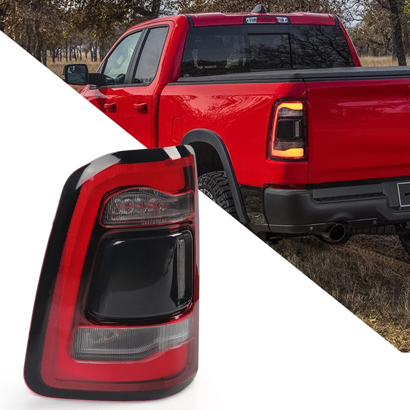 FIONE For Dodge Ram 1500 Tail Light Assembly Without Blind Spot 20192022 LED Type Red Lens Chrome Interior Left Driver Side Rear Light 55112993AD 55112993AB 55112993AC CH2800216