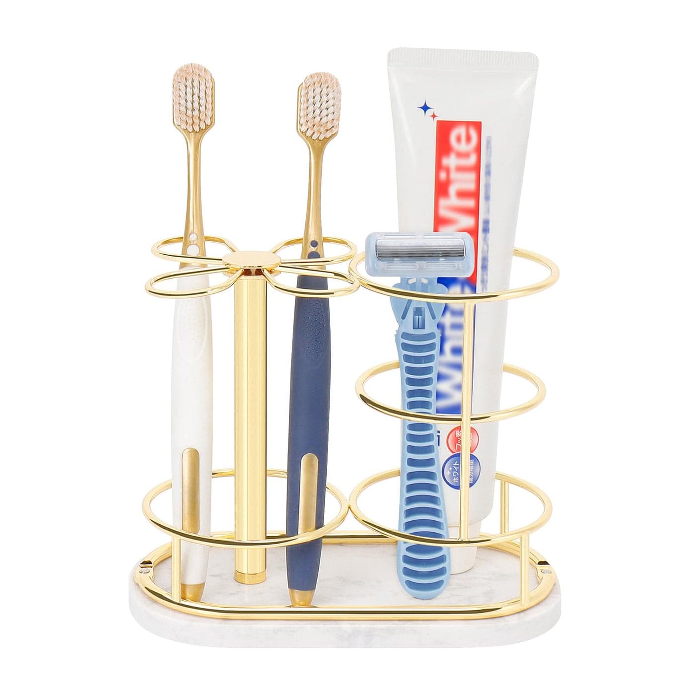 HarJue Toothbrush Holder Stand for Bathroom Metal Toothbrush Organizer with Marble Base Toothbrush Storage Collection for Family Suitable for Home Hotel Countertop Vanity Medium Gold