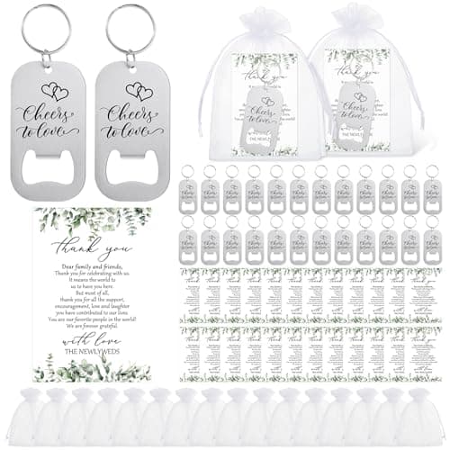 FoldTier 100sets Wedding Favors for Guests Include Key Bottle Opener Beer Bottle Opener Keychain Thank You Cards and Organza Bags Bridal Shower Wedding Party Souvenirs Gifts (Cheers)