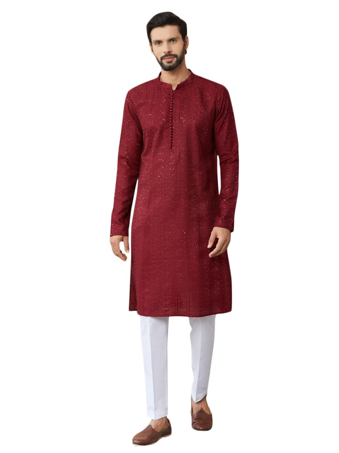 See Designs Men's Long Sleeve Mandarin Collar Side Slit Dark Maroon Embroidered Thread Work Sequinned Chanderi Silk Straight Kurta - SDKT2514XXL