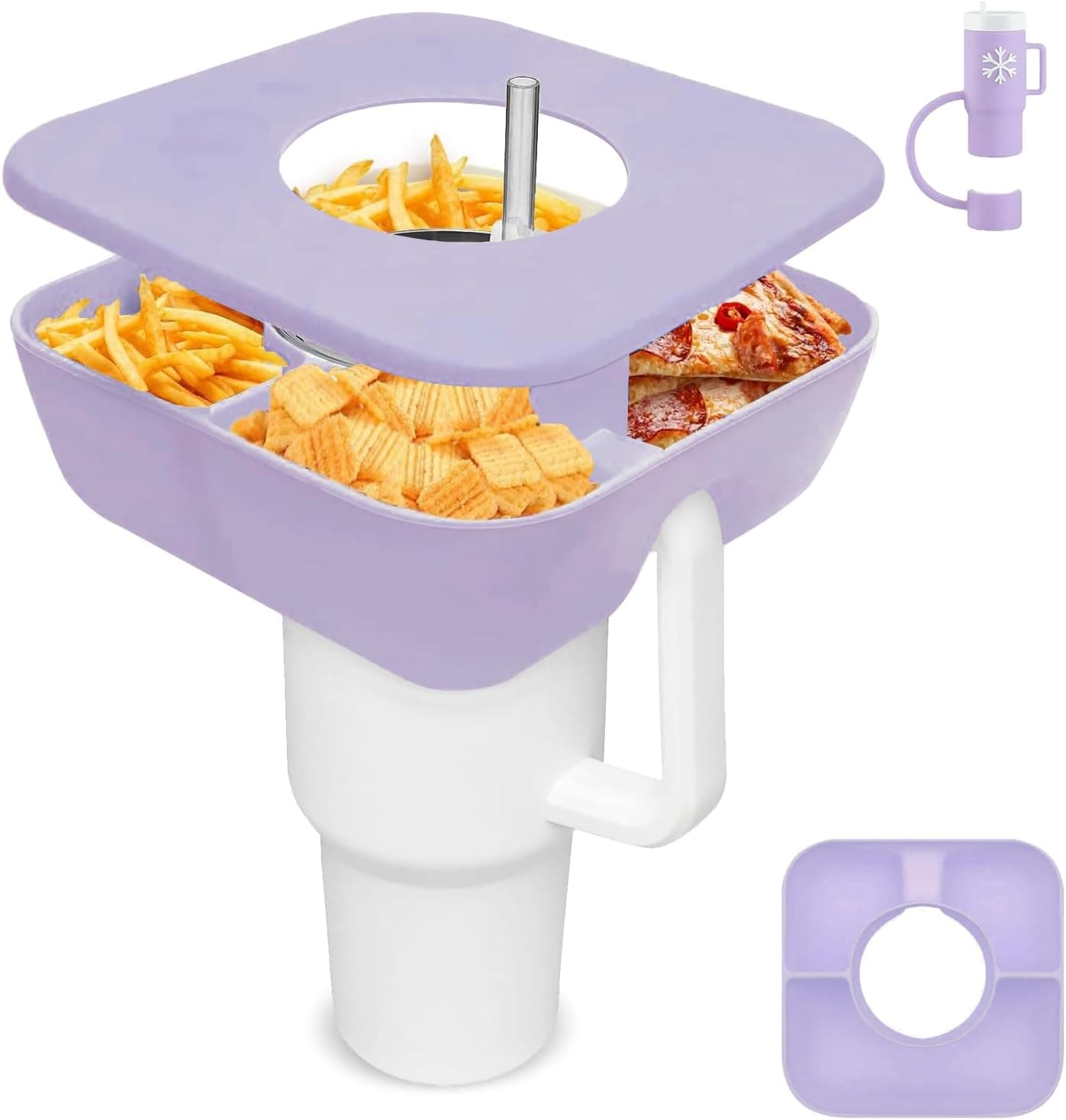 Snack Bowl with Cover for Stanley 40oz Tumbler with Handle Silicone Snack Tray Snack Ring for Stanley Cup Accessories Suitable for Car Cup Holder or Outdoor Orchid