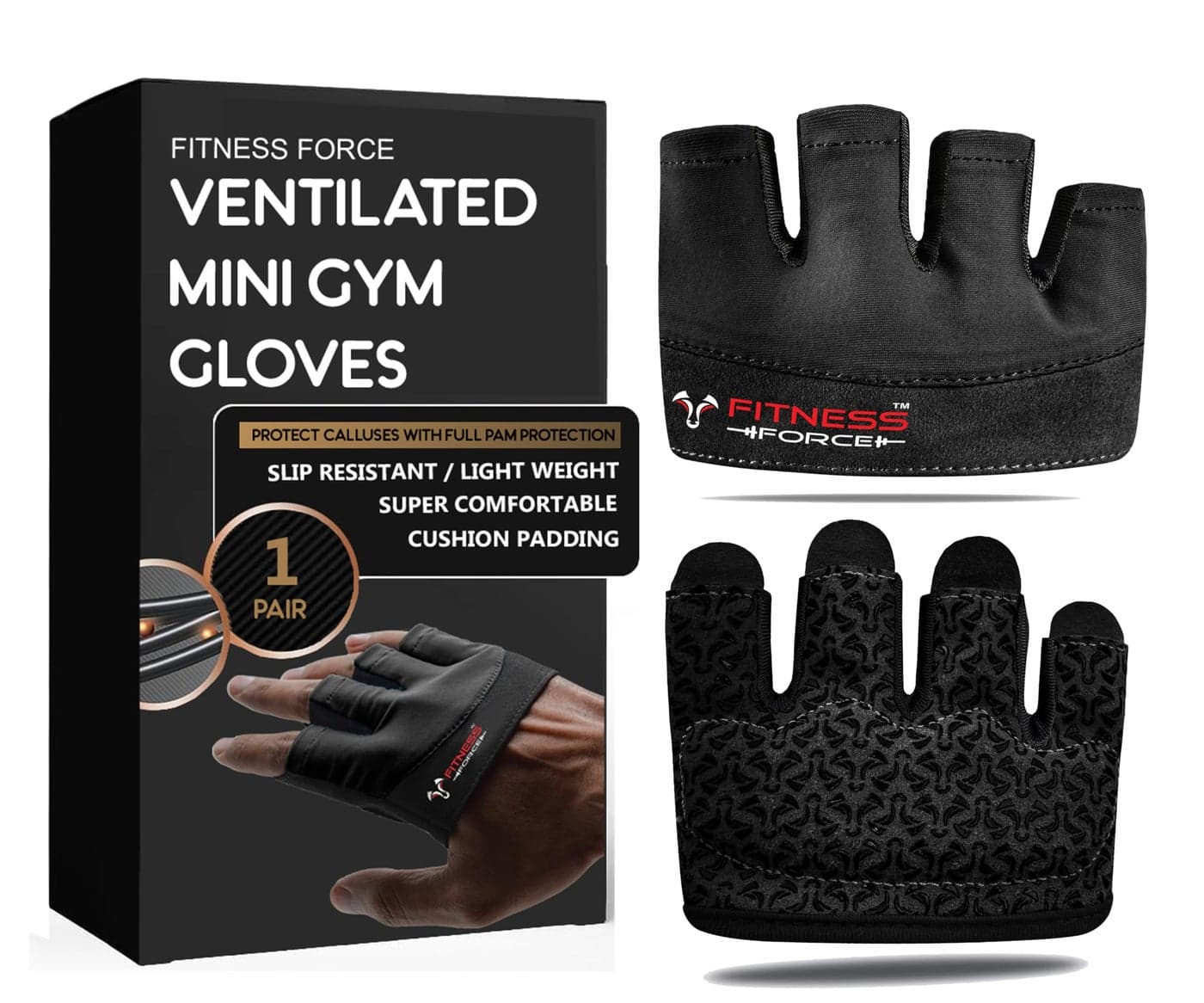 FITNESS FORCE Workout Gloves for Men & Women Partial Weight Lifting Gloves Non-Slip Gym Gloves Lifting Grip Calluses Guard Fingerless Exercise Gloves with Full Palm Protection (Black, Medium)