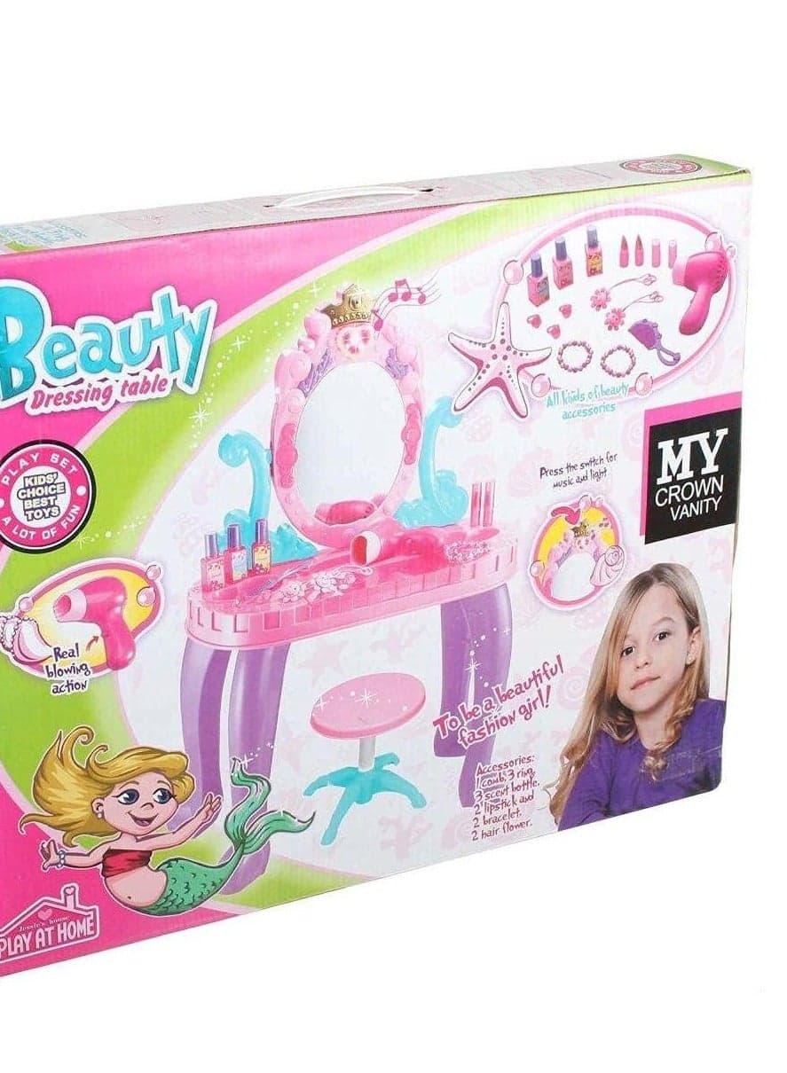 Beauty Dressing Table For Girls With Accessories, Lights, and Music- Girl Pretend Play Toy Makeup Dresser - Crown Vanity Makeup Table For Girls