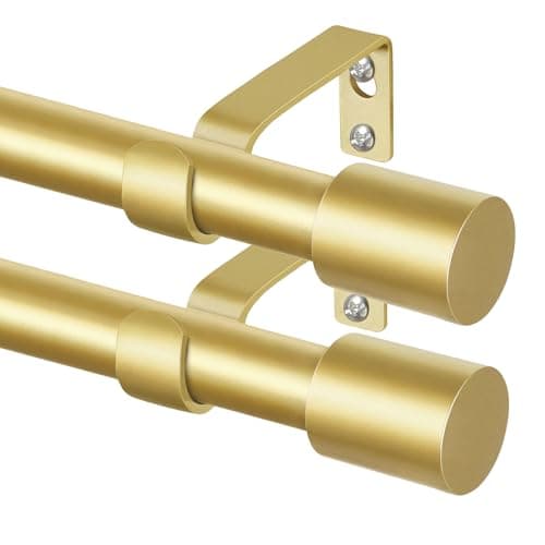 TONIAL Curtain Rods 2 pack, Telescoping Splicing 3/4 Drapery Rod 32 to 86 Inch(2.6 to 7.2 ft), Decorative Single Curtain Rods for Windows with Modern Cap Finial, Antique Gold