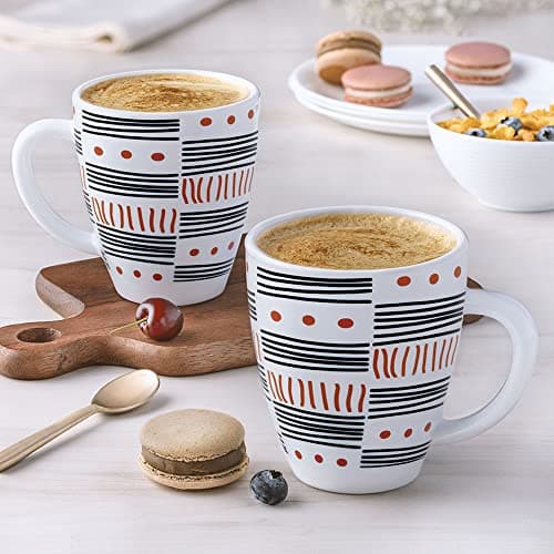 Larah by BOROSIL Doodle Opalware Mug | Set of 2 Pcs Tea/Coffee Mugs, 390 ml Each | Microwave & Dishwasher Safe, Bone-Ash Free | Crockery Set Ideal for Daily Use & Gifting | White