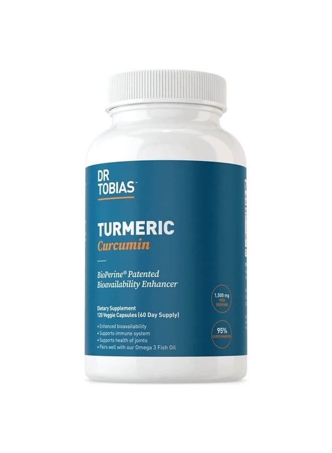 Dr Tobias Turmeric Curcumin Supplement with BioPerine and Black Pepper, Extra Strength Curcumin Supplements for Joint Support,1500 mg per dose with 95% Curcuminoids, 120 Vegan Capsules, 60 Servings