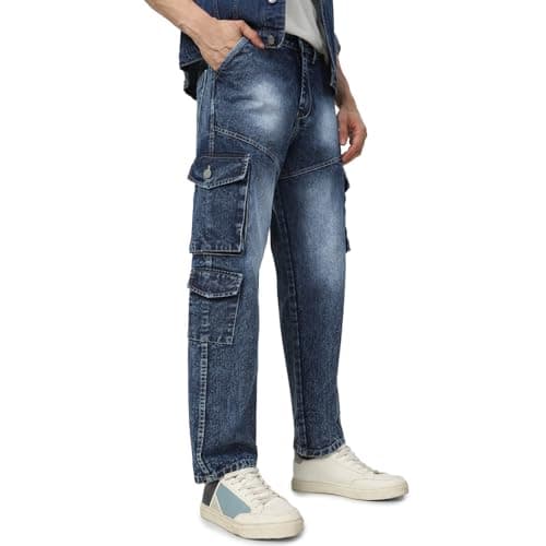 Urbano Fashion Men's Blue Loose Baggy Fit Washed Cargo Jeans with 7 Pockets Non-Stretchable (jeanlscargocns3p-mblue-28)