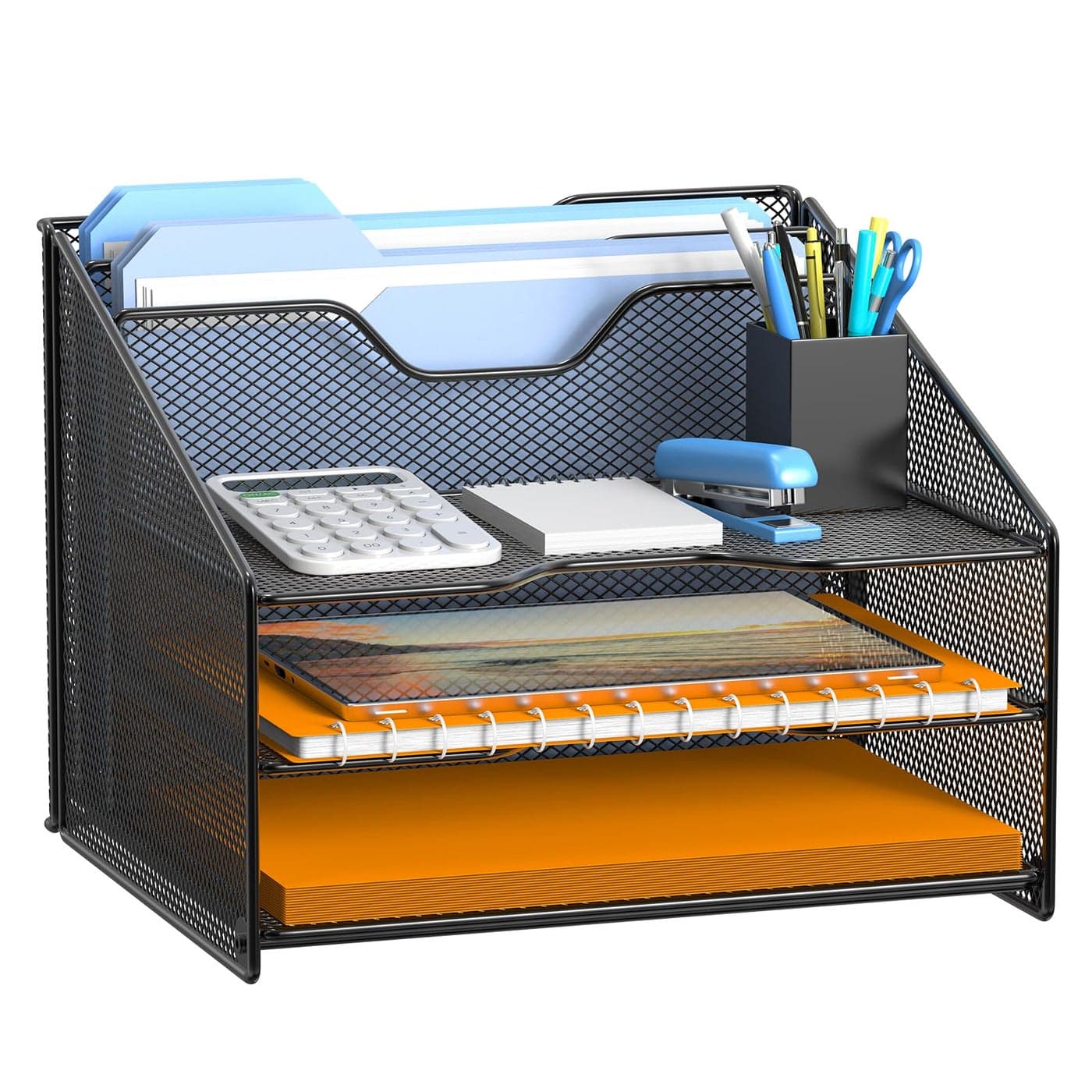 Samstar Desk File Organizer Mesh Letter File Folder Holder with 3 Paper Trays and 2 Vertical Upright Section for Office SuppliesDesk Accessories WorkspaceBlack
