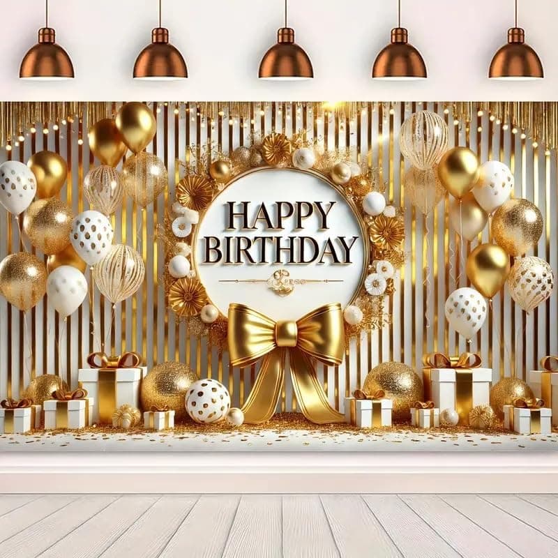 Birthday Backdrop - Party Backdrop Poster (8x5 feet) in Polyester Fabric. (Golden White)