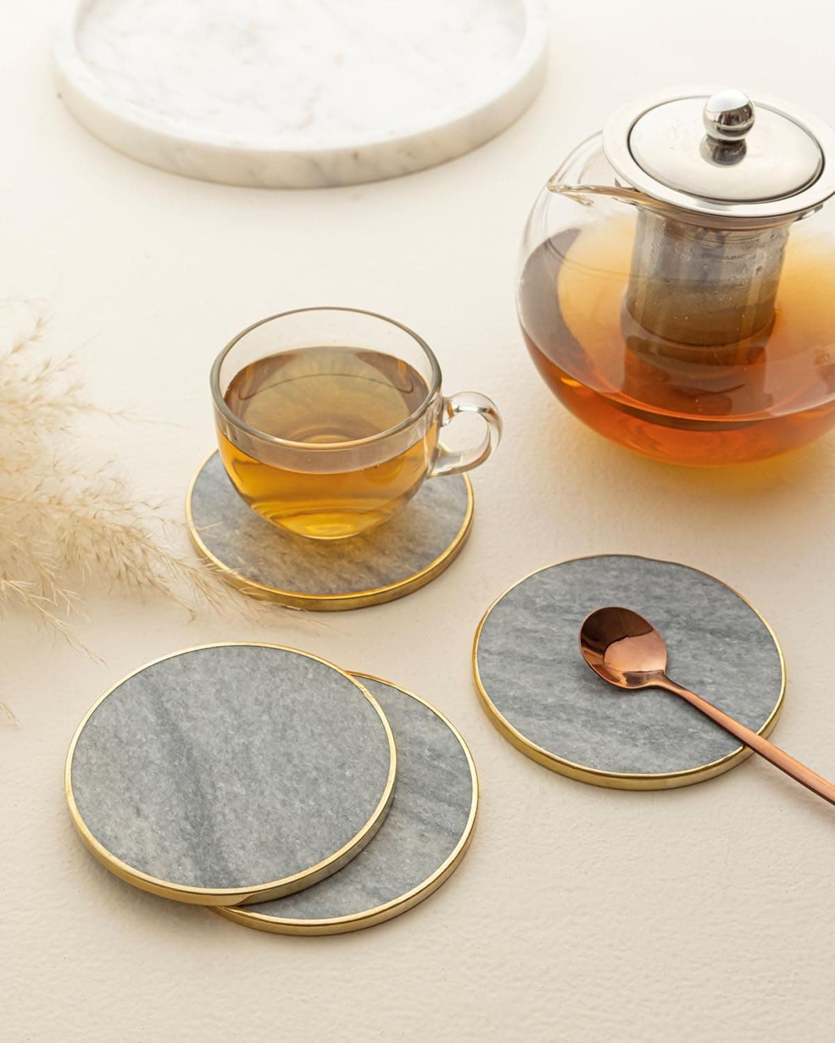 Marbleous Pack of 4 Round Shape Natural Marble Brass Coasters Bar Wine Coasters for Table Tea Coaster White Marble Stone Coaster Set Grey Handcrafted