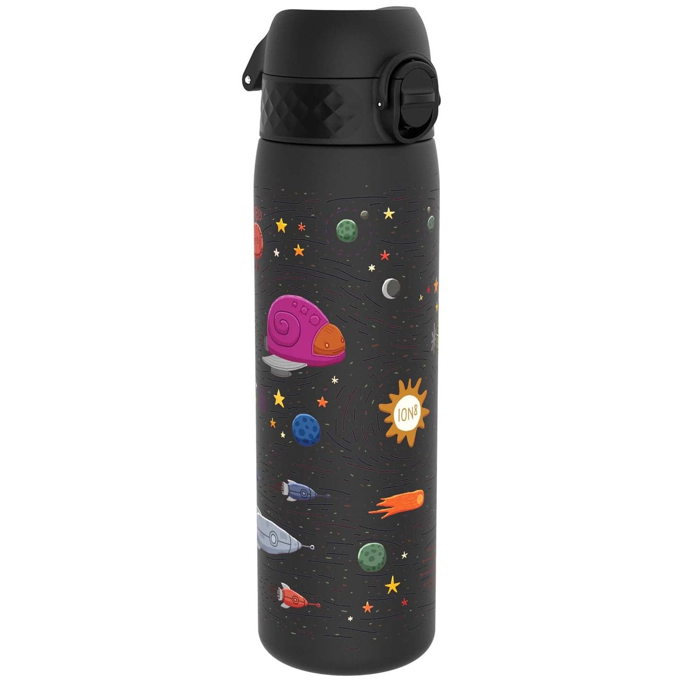 Ion8 Water Bottle 500 ml18 oz Leak Proof Easy to Open Secure Lock Dishwasher Safe BPA Free Hygienic Flip Cover Carry Handle Easy Clean Odor Free Carbon Neutral Black Spaceships Design