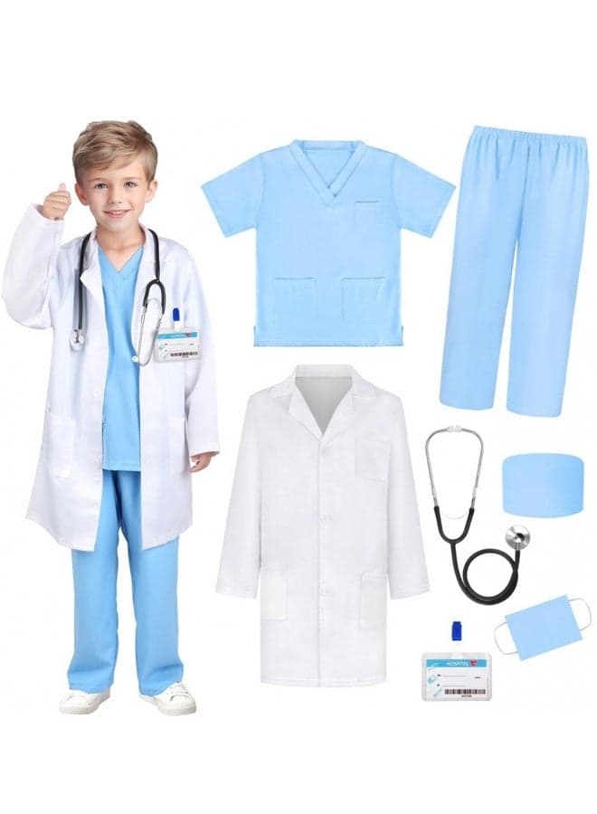 Doctor Costume for Kids, 7Pcs Pretend Role Play Kit with Stethoscope Accessories Halloween Costume Doctor Lab Costumes for Kids Boys Girl age 3-12 Dress Up
