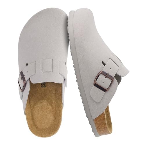 CUSHIONAIRE Hana Womens Clogs | Comfortable Vegan Suede Clogs for Women | Slip On Potato Shoes with Cork Footbed & Arch Support| IVORY 9