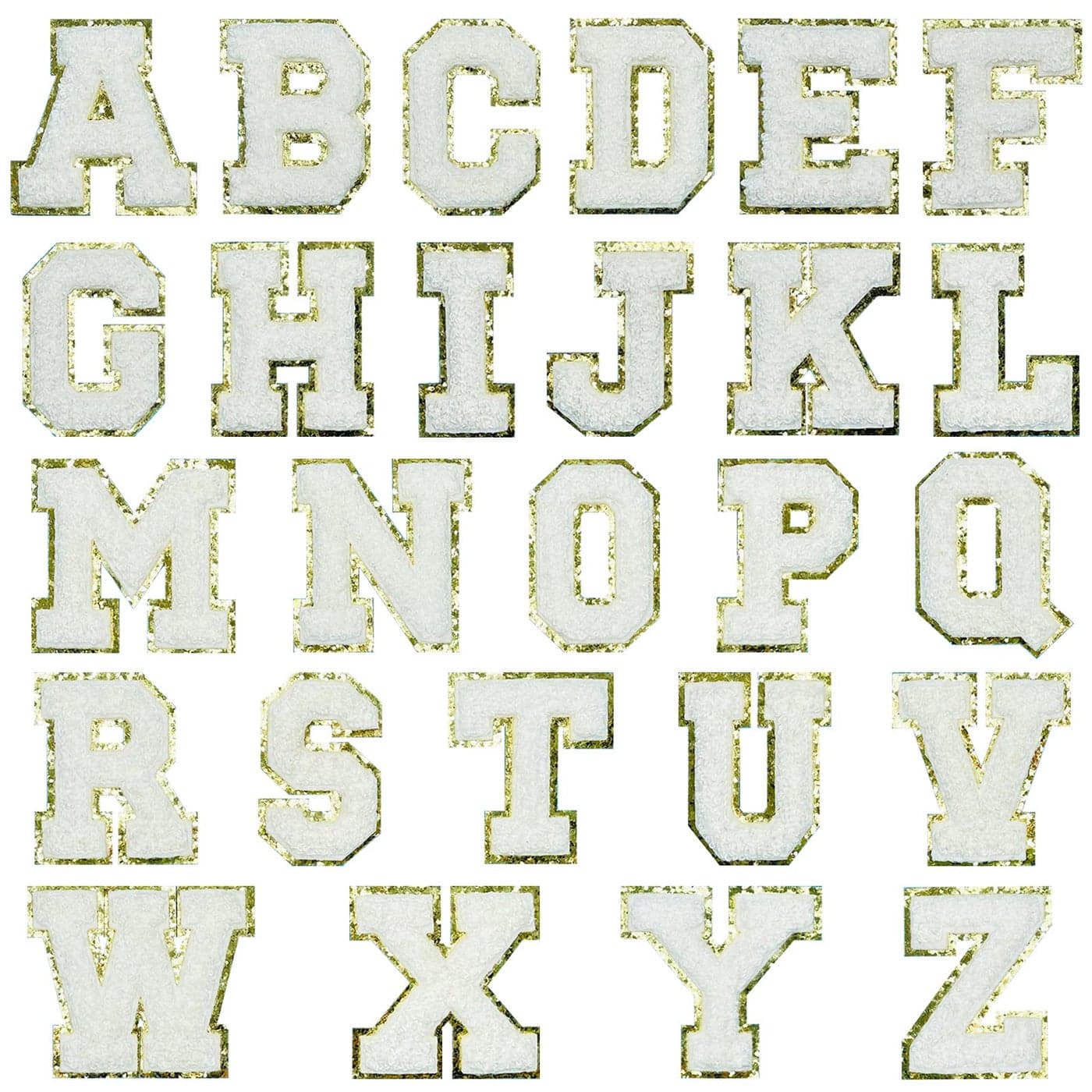 Jongdari Chenille Letter Patches SelfAdhesive IronOn Letters 52pcs Varsity Fuzzy Patch Glitter Alphabet 26pcs White