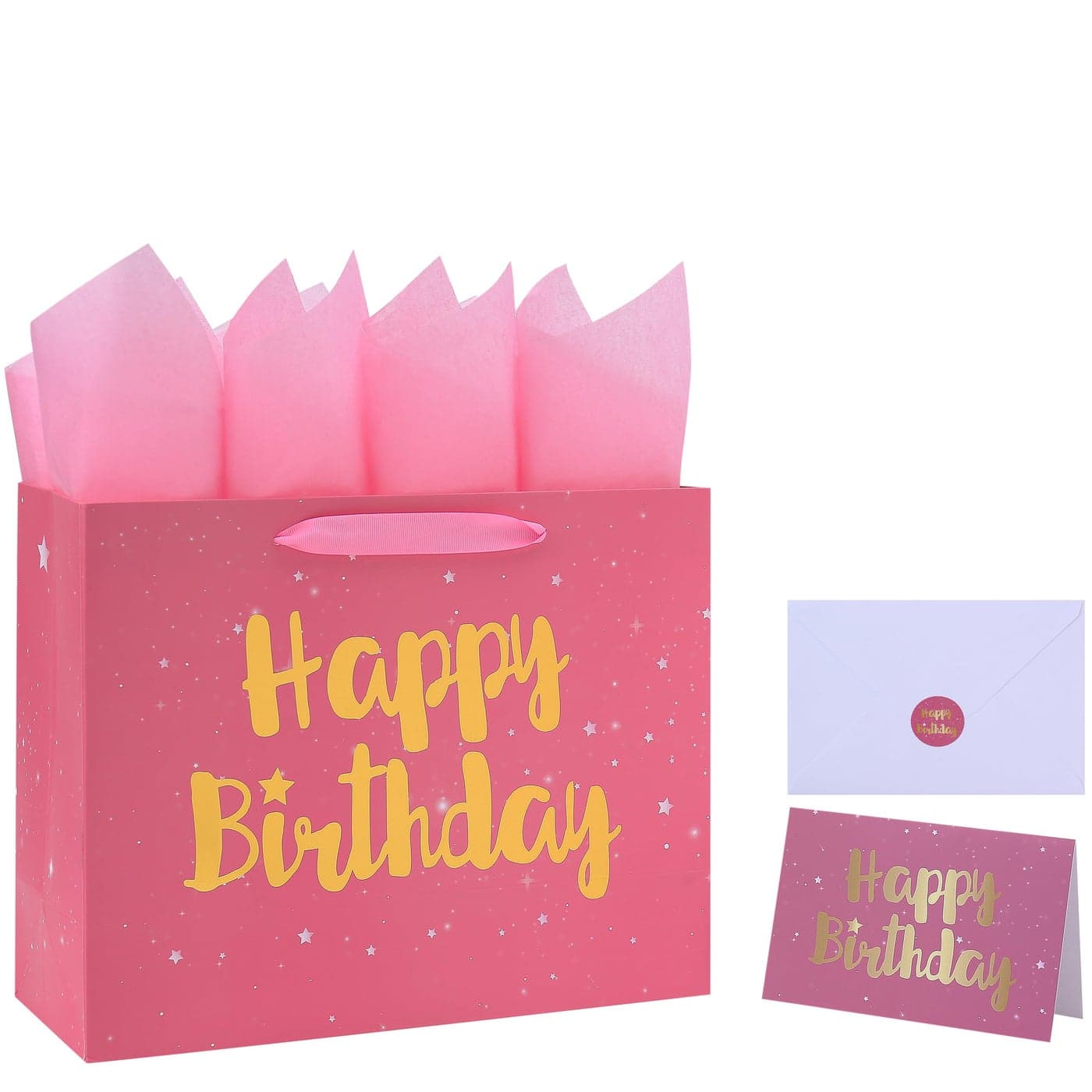 13 Large Pink Gift Bag Set with Greeting Card and Tissue Papers Stars and Gold Foil Happy Birthday for Womens Party Girls or Kids Birthday Parties Baby Girl Baby Shower 13x52x102 1 Pcs