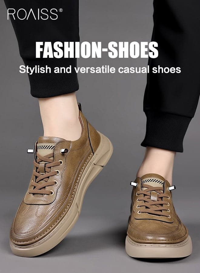 Business Casual Leather Shoes for Men Round Toe Low Top Front Lace Free Anti Slip Driving Shoes Mens Retro Stretch Sole Comfort Wear Resistant Walking Shoes For All Seasons Khaki