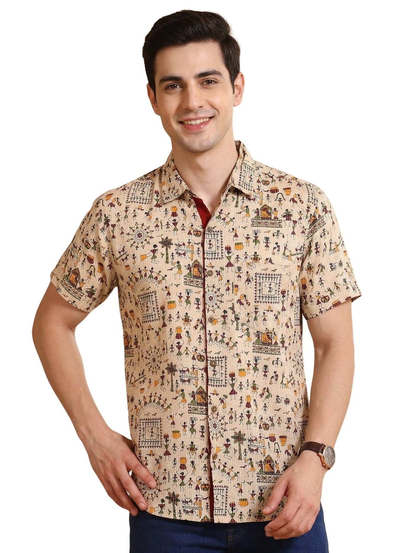 Yash Gallery Men's Cotton Warli Print Shirt Collar Regular Shirt (Off-White, 4XL)