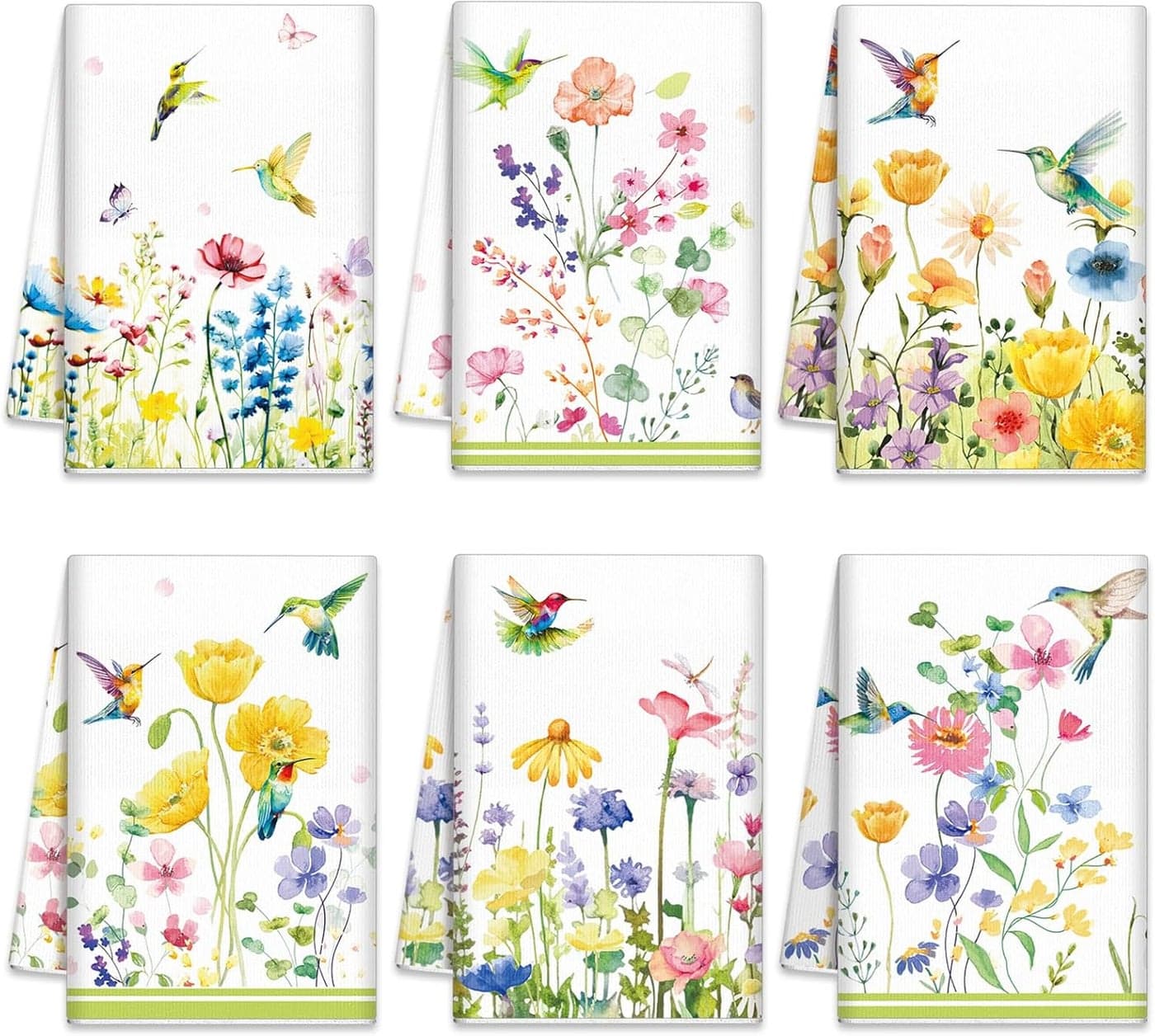 Oudain Sets of 6 Spring Kitchen Towels Decor Floral Wildflower Hummingbirds Branches Dish Hand Tea Towels for Spring Party Holiday Supply Bathroom Housewarming Gift