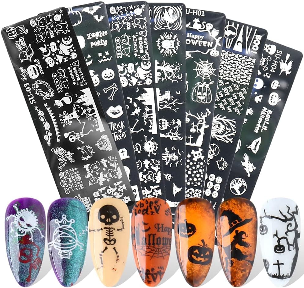 Halloween Nail Art Stamping Plate JMEOWIO 6 Sheets Pumpkin Skull Ghost Witch Image Plate Nail Art Design Stamp Kit Manicure Template Set
