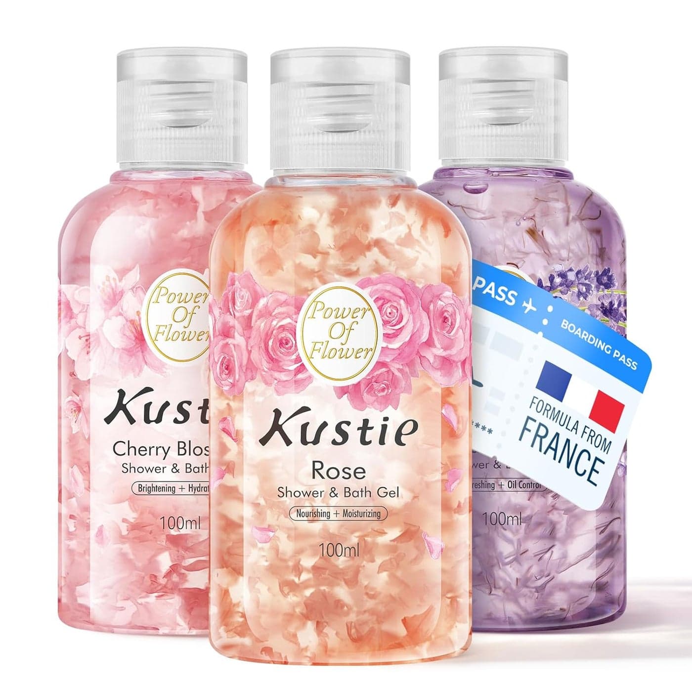 Kustie Travel Size Body Wash Set Petal Shower Gel Trio with Real Cherry Blossom Lavender Rose Petals 3 x 338 fl oz Hydrating Calming TSAFriendly Mini Gift for Women Men