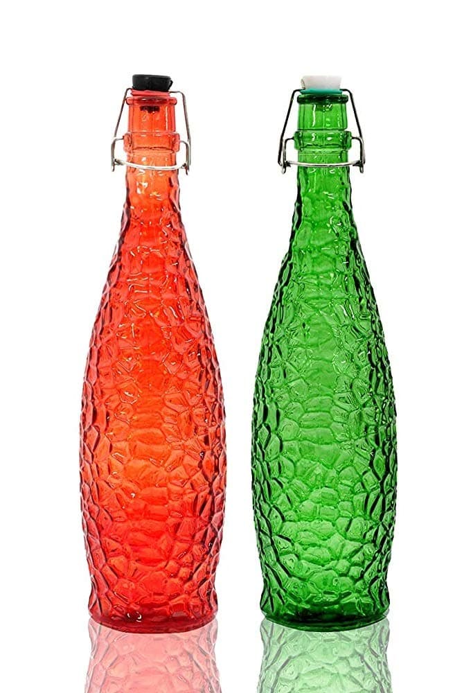 MACHAK Crick Glass Water Bottle For Fridge 1 Ltr, Mix Colors (Set Of 2), 1050 Milliliter, Clear