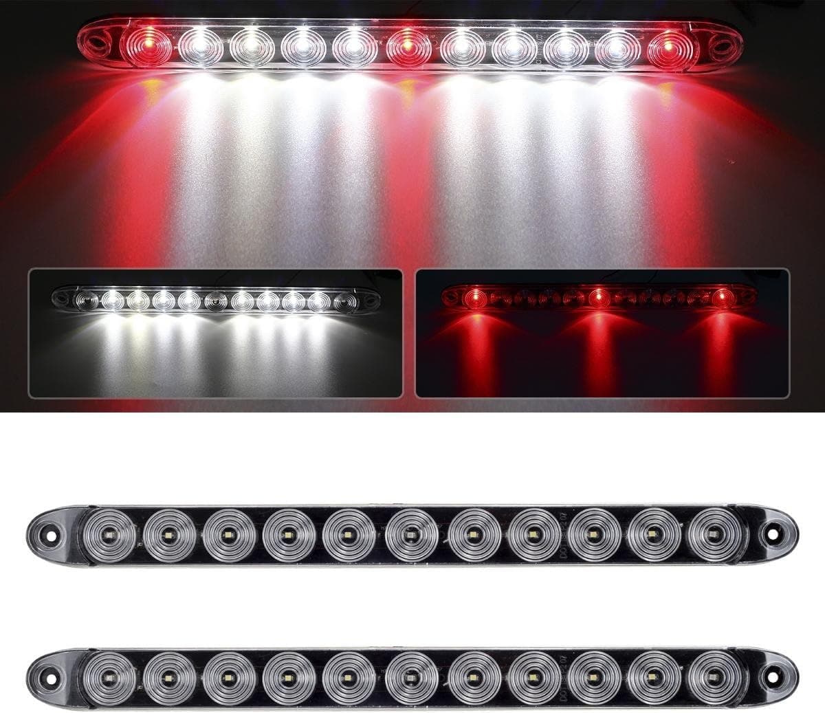 Partsam 2Pcs 15" Red 3 ID Bar w/Reverse white light 11 LED Truck Trailer RV Clear Lens Submersible Super Thin Led Trailer Tail Light Bar