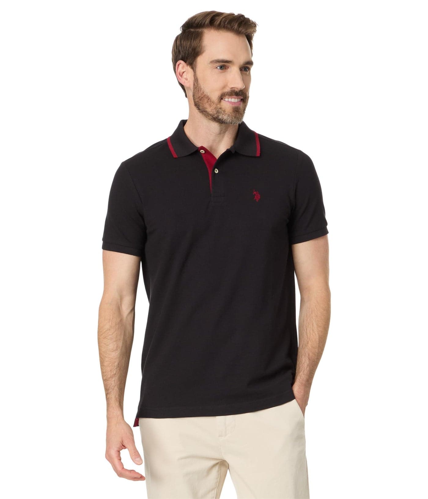 U.S. POLO ASSN. Men's Short Sleeve Slim Fit Solid Stretch Pique Polo Shirt, Black