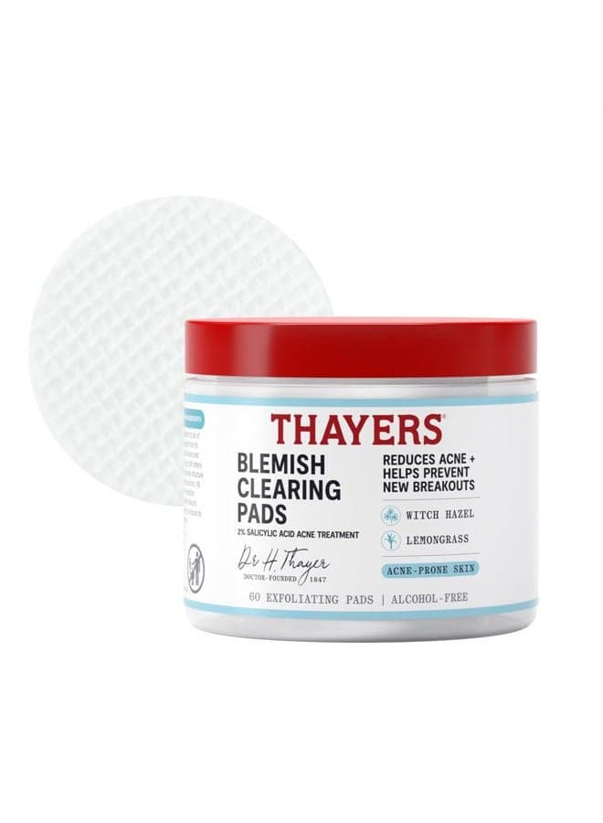 Thayers Blemish Clearing Acne Pads, Salicylic Acid Acne Treatment for Face, Pore Reducing, Exfoliating, and Soothing Skincare, Witch Hazel Toner Pads, 60 Ct