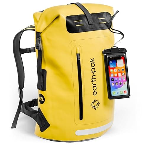 Earth Pak Waterproof Backpack - Heavy Duty Hiking Backpack - Roll-Top Closure - Waterproof Bag - Cushioned Dry Bags Waterproof w/ IPX8 Waterproof Phone Case - Wet Bag for Hiking, Kayak